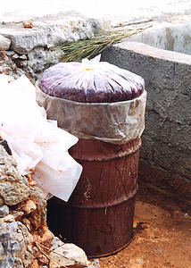 Remains fermented in 45 gallon drums before distallation.